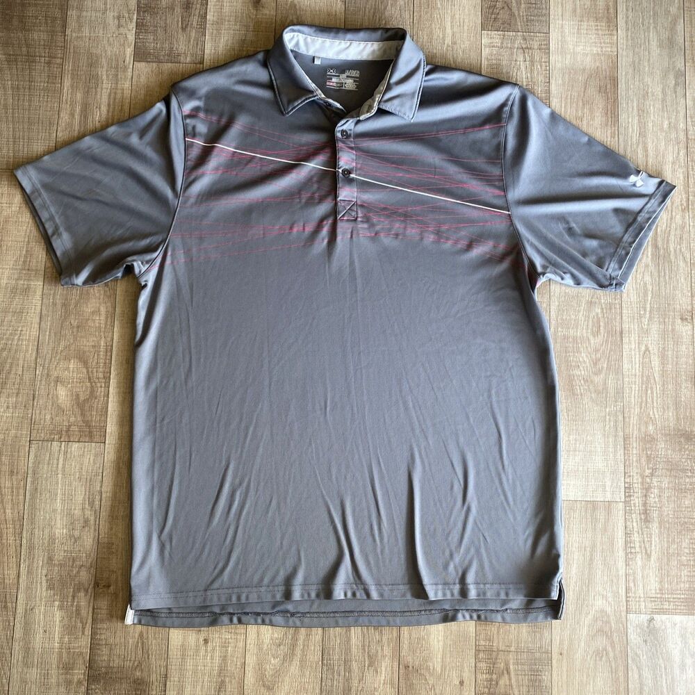 UNDER ARMOUR Mens Heat Gear Polo Shirt Top XL Grey W Stripes